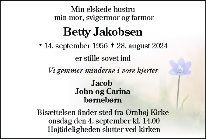 Dødsannonce for Betty Jakobsen
