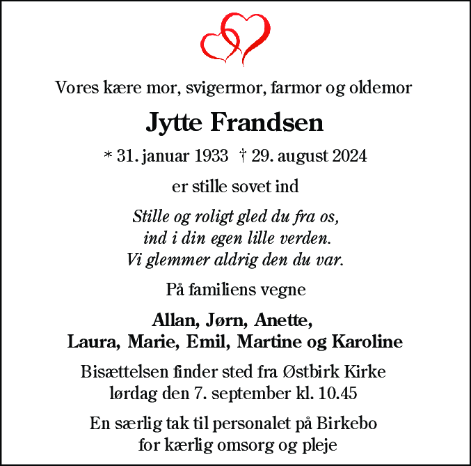 Dødsannonce for Jytte Helen Frandsen
