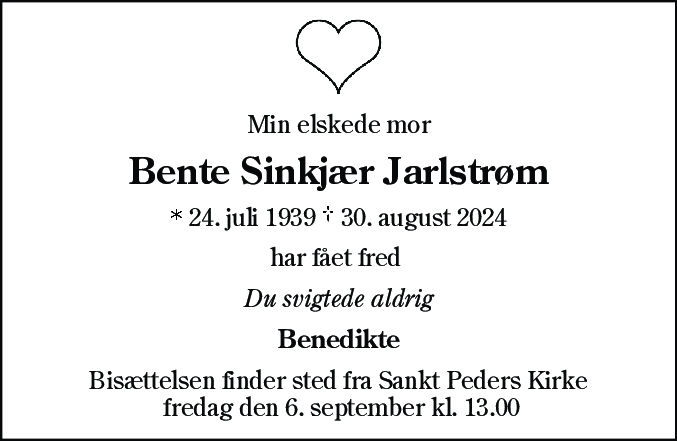 Dødsannonce for Bente Sinkjær Jarlstrøm
