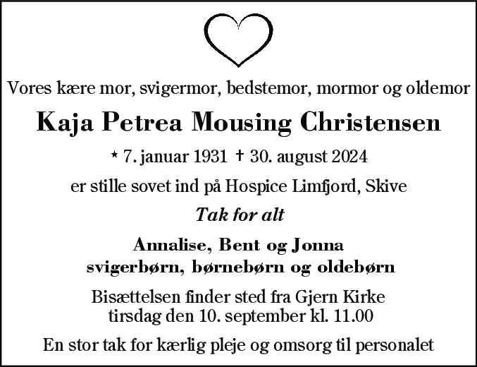 Dødsannonce for Kaja Petrea Mousing Christensen