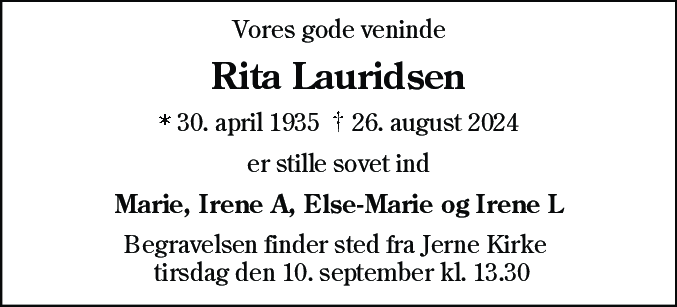 Dødsannonce for Rita Lauridsen