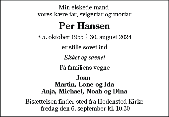 Dødsannonce for Per Hansen