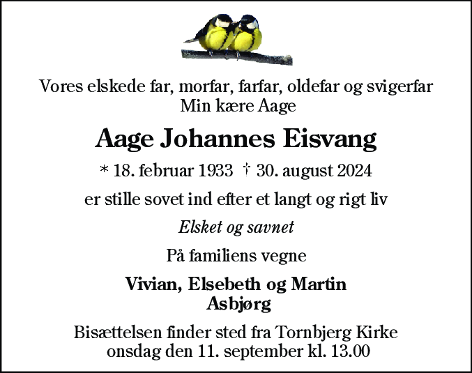 Dødsannonce for Aage Johannes Eisvang