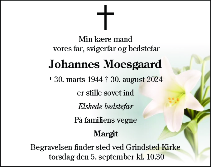 Dødsannonce for Johannes Moesgaard