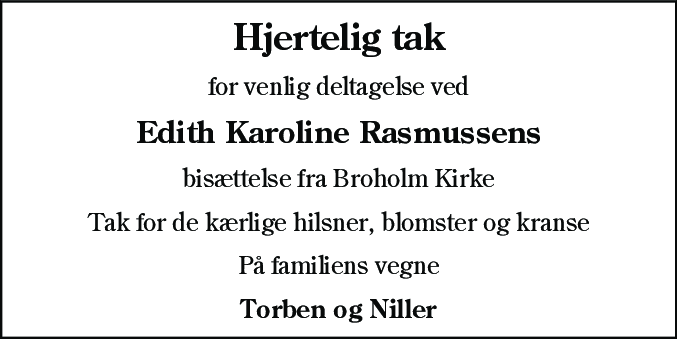 Dødsannonce for Edith Karoline Rasmussen