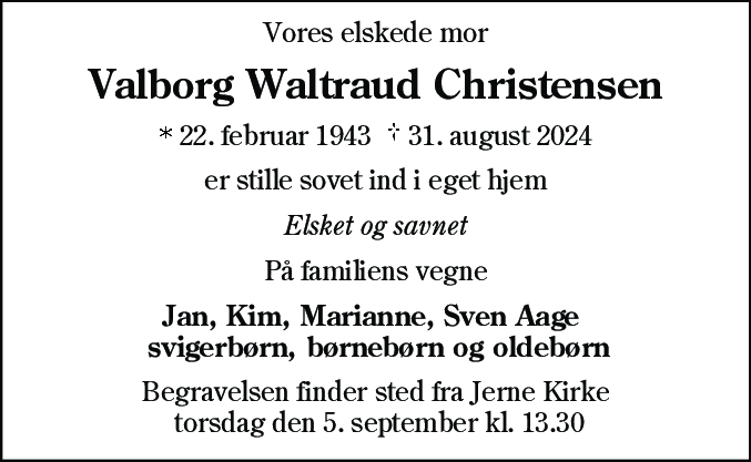 Dødsannonce for Valborg Waltraud Christensen
