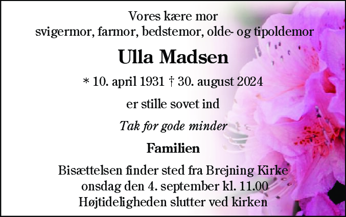 Dødsannonce for Ulla Madsen
