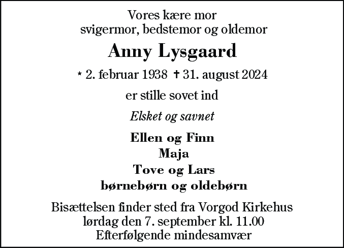 Dødsannonce for Anny Lysgaard