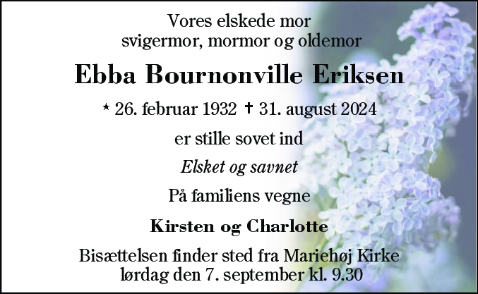 Dødsannonce for Ebba Bournonville Eriksen
