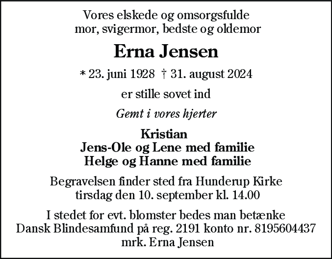 Dødsannonce for Erna Jensen