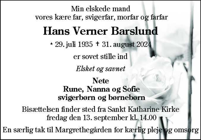 Dødsannonce for Hans Verner Barslund
