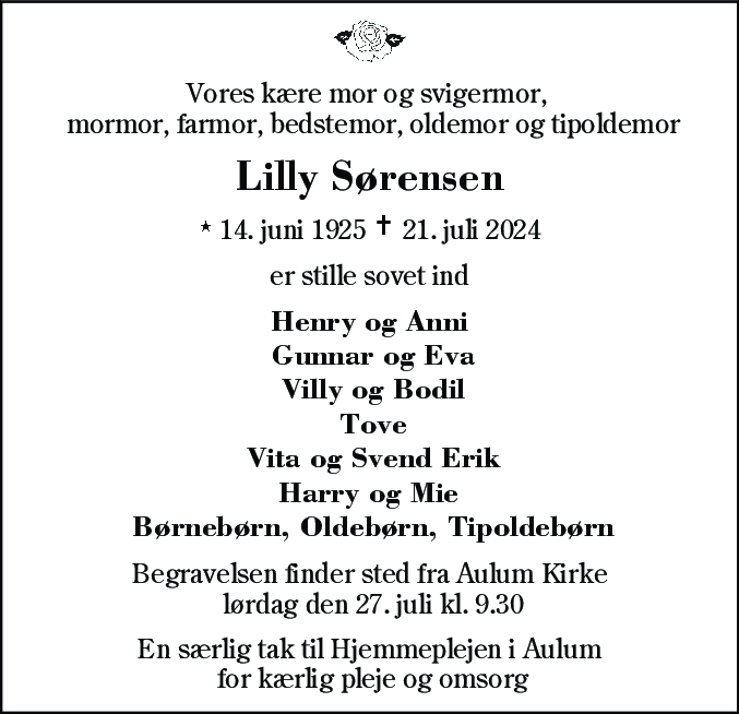 Dødsannonce for Lilly Sørensen