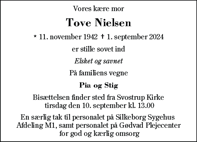 Dødsannonce for Tove Nielsen