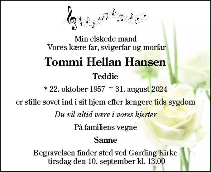 Dødsannonce for Tommi Hellan Hansen