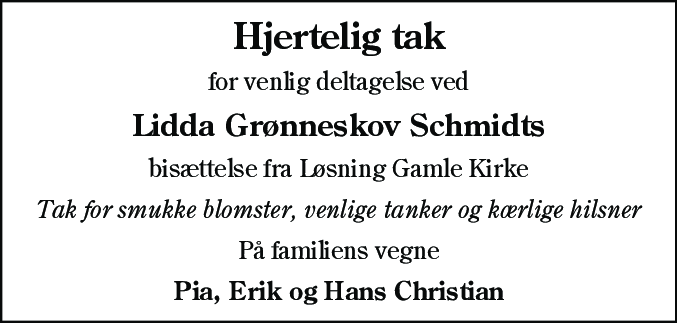 Dødsannonce for Lidda Grønneskov Schmidt