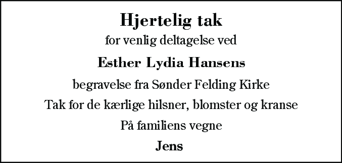 Dødsannonce for Esther Lydia Hansen