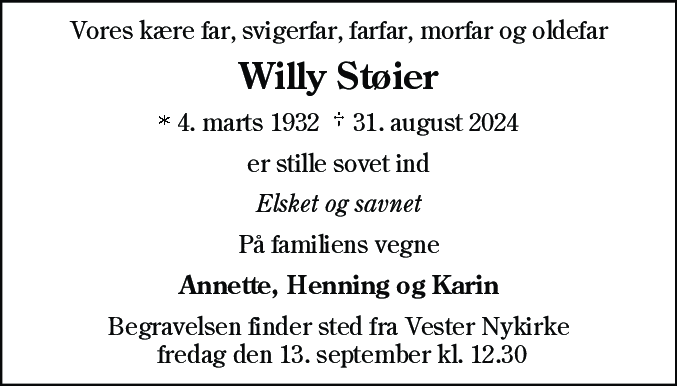 Dødsannonce for Willy Støier