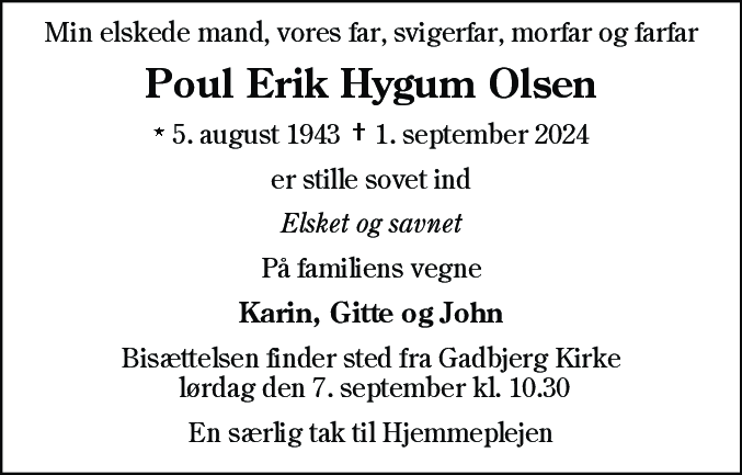 Dødsannonce for Poul Erik Hygum Olsen