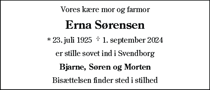 Dødsannonce for Erna Sørensen