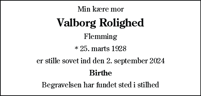 Dødsannonce for Valborg Rolighed