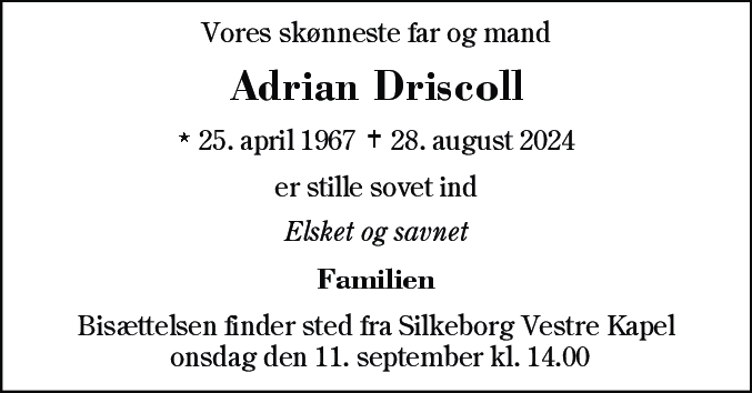 Dødsannonce for Adrian Driscoll