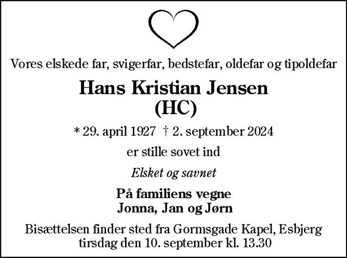 Dødsannonce for Hans Kristian Jensen