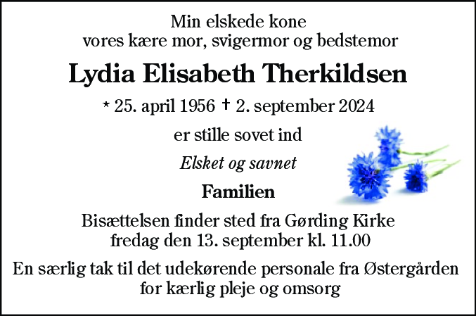 Dødsannonce for Lydia Elisabeth Therkildsen