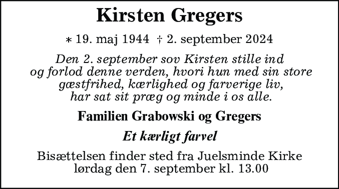 Dødsannonce for Kirsten Gregers