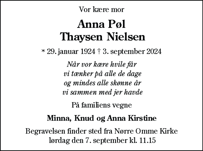 Dødsannonce for Anna Pøl Thaysen Nielsen