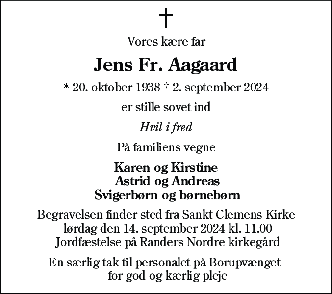 Dødsannonce for Jens Frederik Aagaard