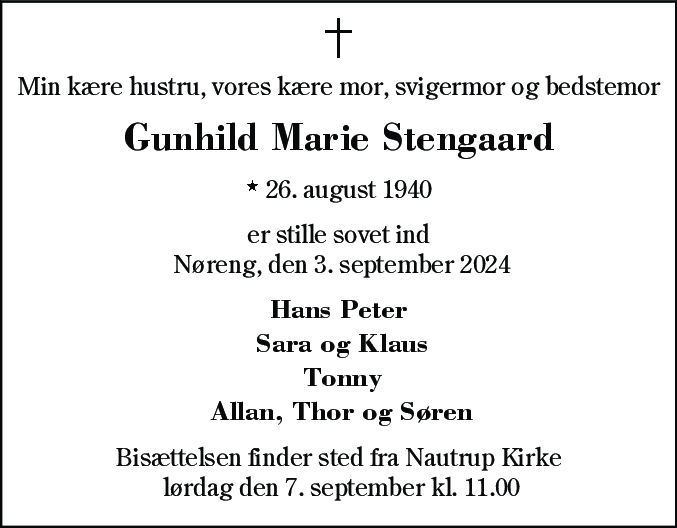 Dødsannonce for Gunhild Marie Stengaard