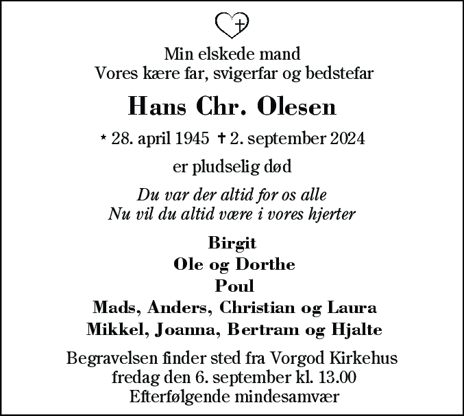 Dødsannonce for Hans Christian Olesen