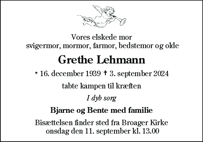 Dødsannonce for Grethe Lehmann