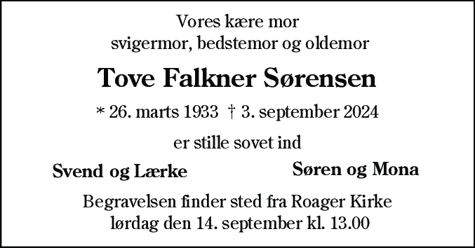 Dødsannonce for Tove Falkner Sørensen