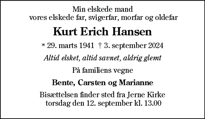 Dødsannonce for Kurt Erich Hansen