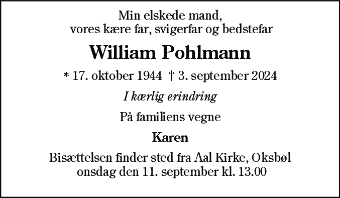 Dødsannonce for William Pohlmann