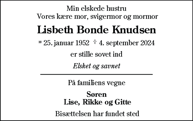 Dødsannonce for Lisbeth Bonde Knudsen