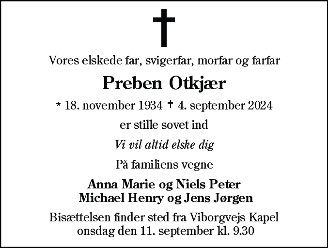 Dødsannonce for Preben Otkjær