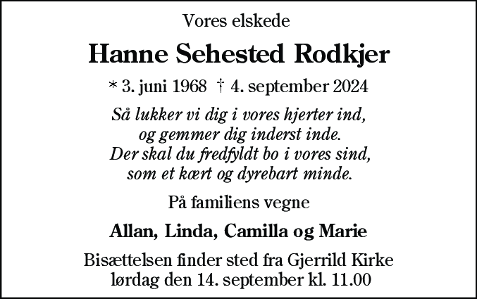 Dødsannonce for Hanne Sehested Rodkjer