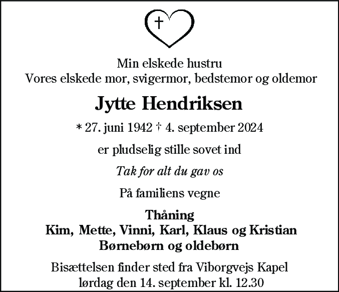Dødsannonce for Jytte Hendriksen