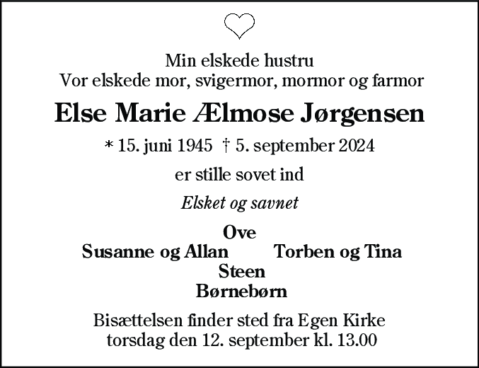 Dødsannonce for Else Marie Ælmose Jørgensen