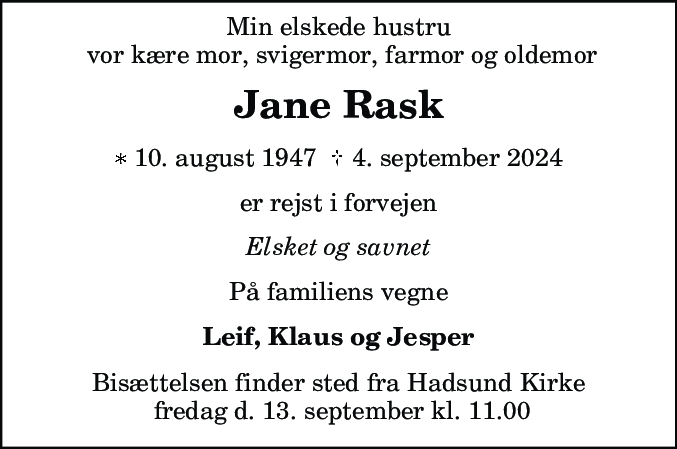 Dødsannonce for Jane Rask