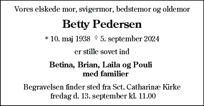 Dødsannonce for Betty Pedersen