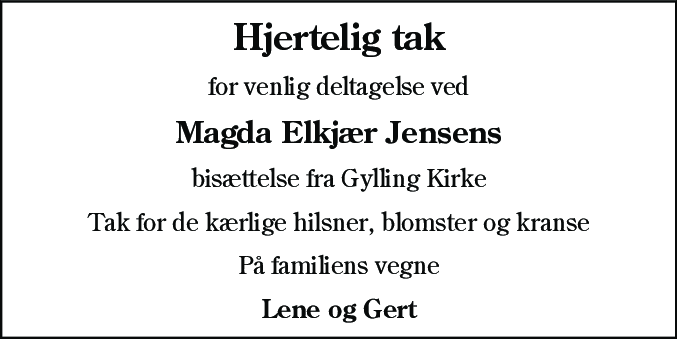 Dødsannonce for Magda Elkjær Jensen