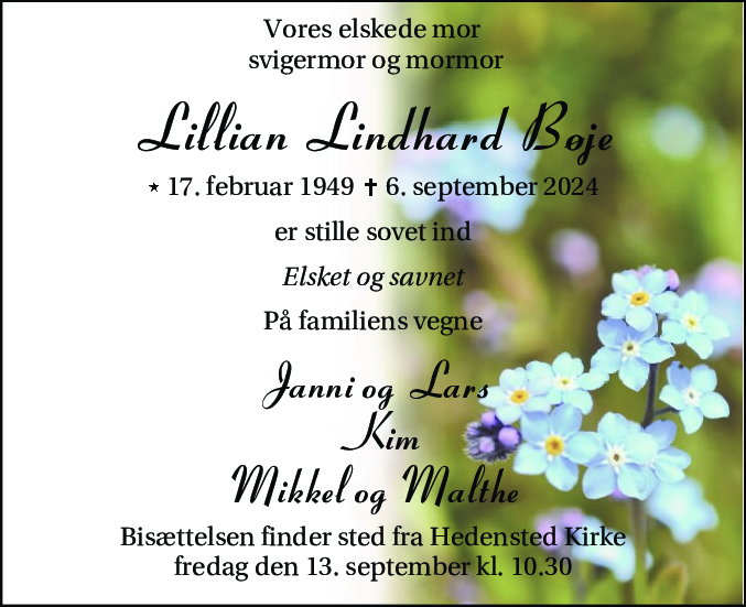 Dødsannonce for Lillian Lindhard Bøje