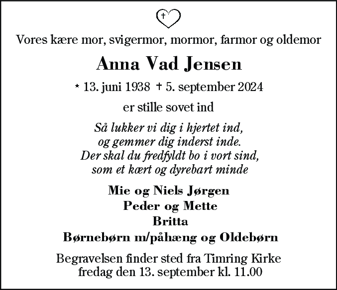 Dødsannonce for Anna Vad Jensen