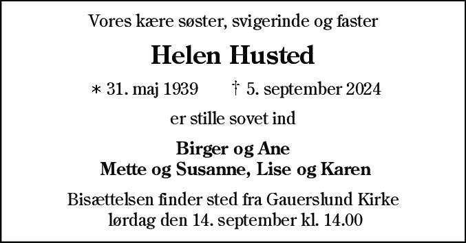 Dødsannonce for Helen Kristine Pedersen Husted