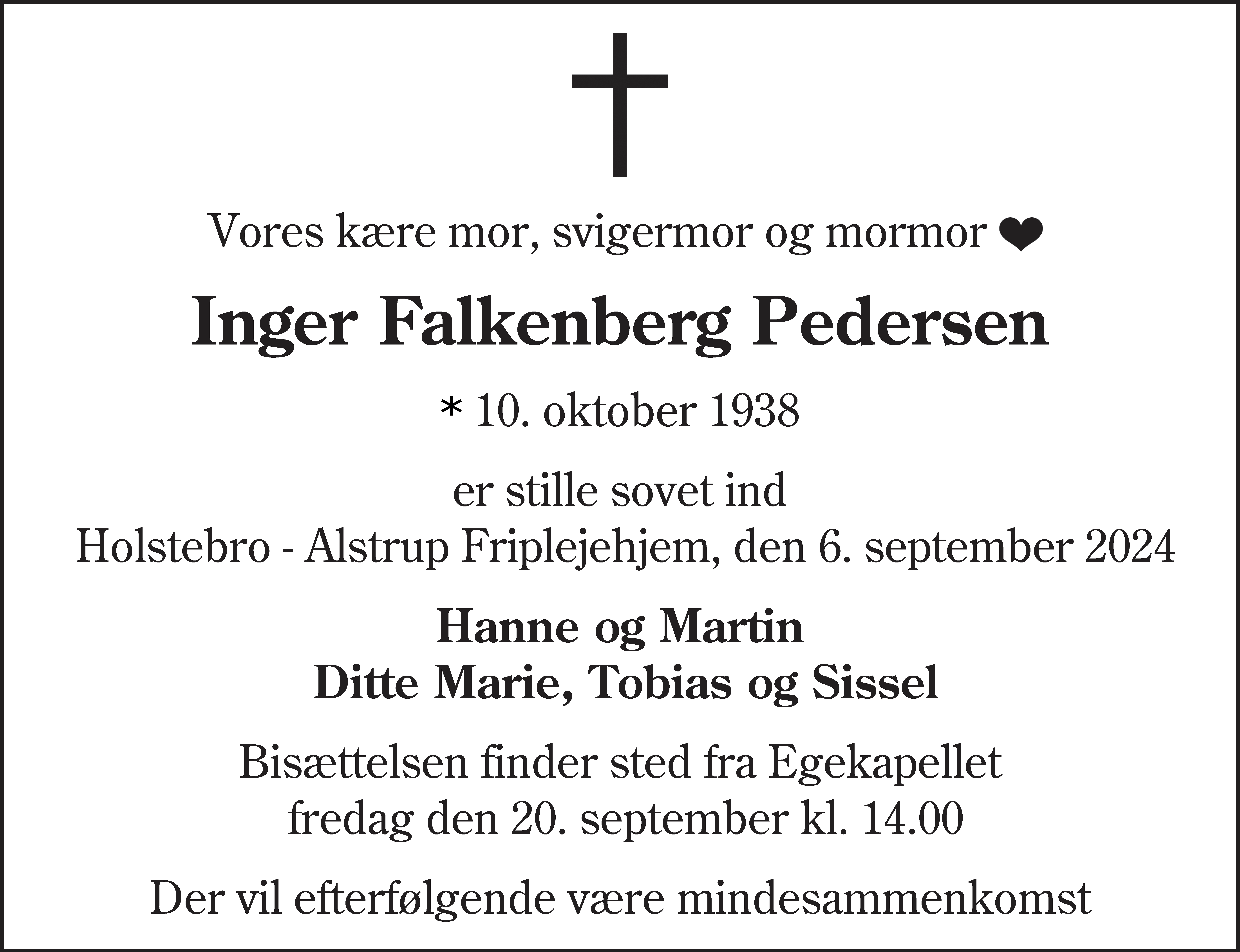Dødsannonce for Inger Falkenberg Pedersen