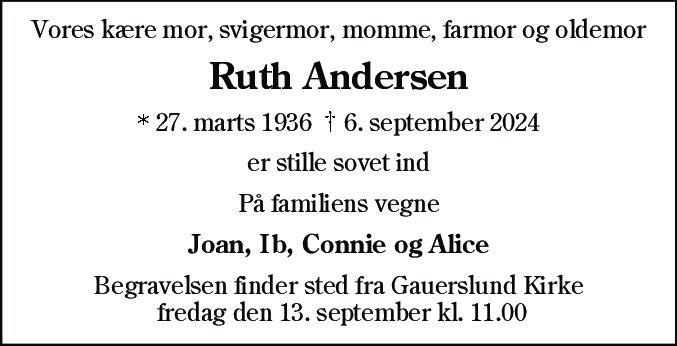 Dødsannonce for Ruth Andersen