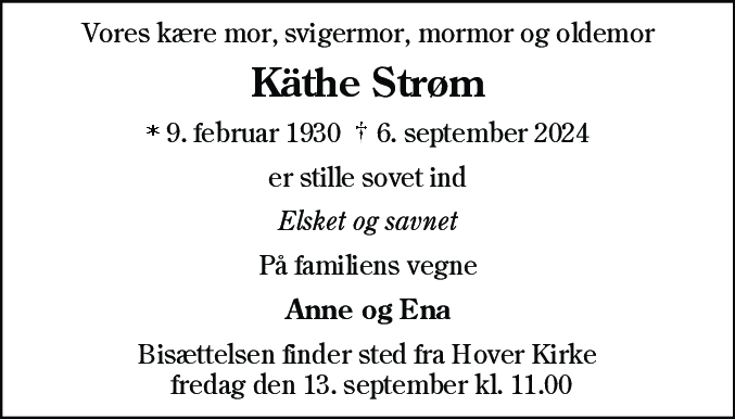 Dødsannonce for Käthe Helmer Strøm